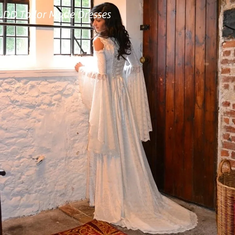 

Medievale Elvish Wedding Dress Flare Sleeves Long Lace Pre-Raphaelite Bridal Gowns Corset Renaissance Robe Customized
