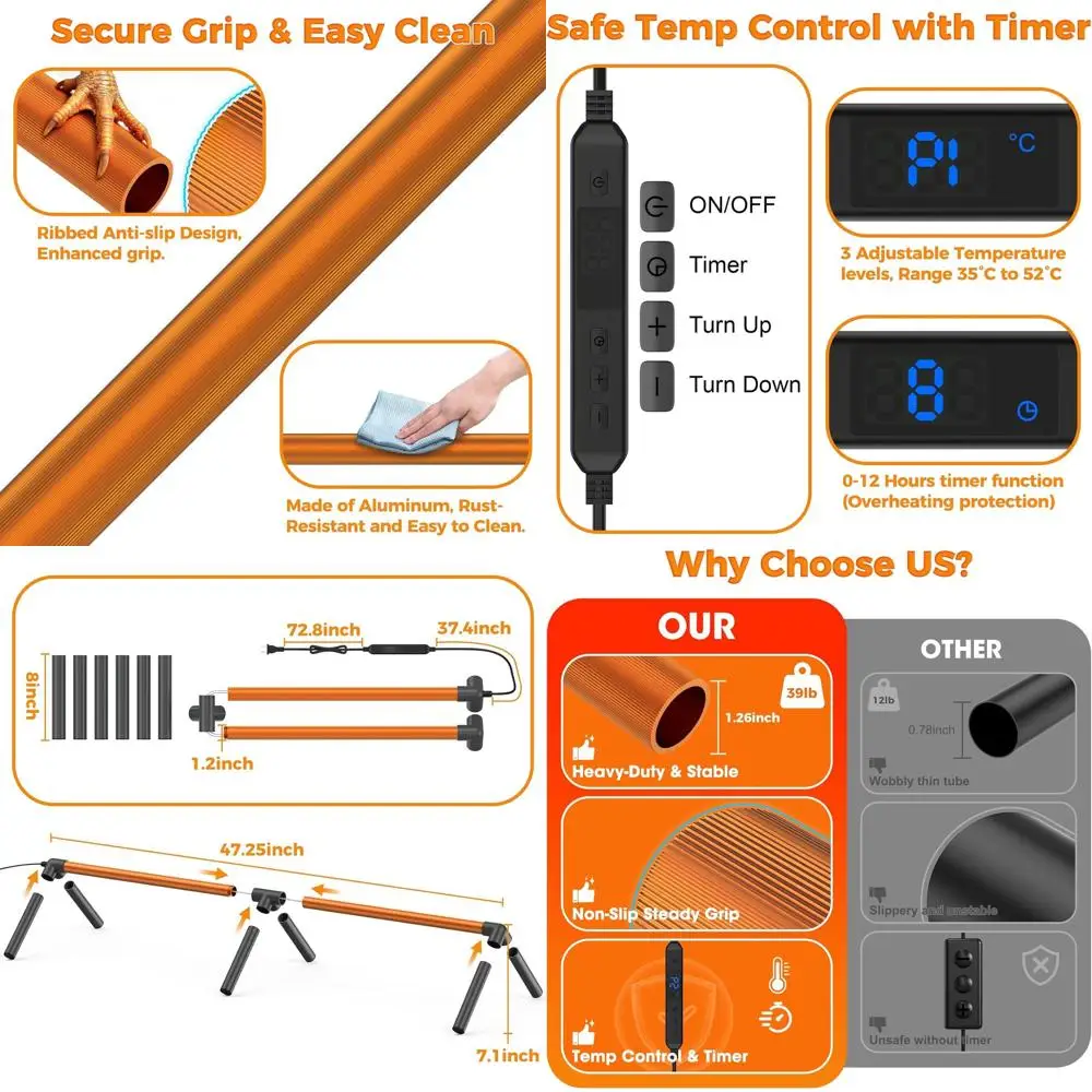 

Куриный окунь с подогревом для курятника, 3 регулируемые температуры с таймером, сверхпрочная трубка из алюминиевого сплава с противоскользящим покрытием в вертикальную полоску