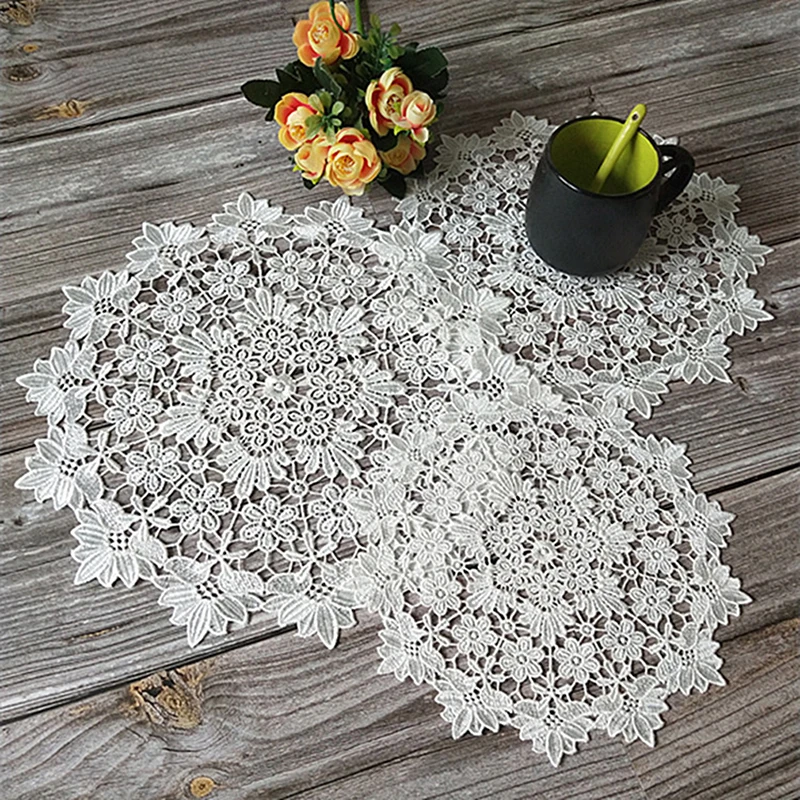 NEW round Lace sun flower embroidery placemat cup coaster kitchen wedding Christmas table place mat cloth pad New Year doily