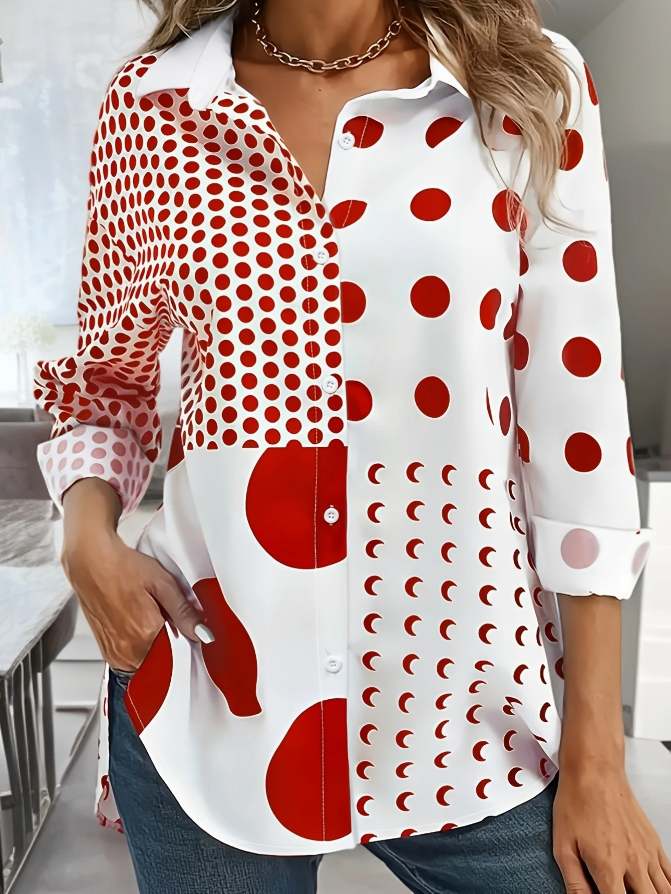 

Women's 3D stitching polka dot print polyester long sleeve shirt Spring and autumn fashion casual daily wear lapel 3D shirt