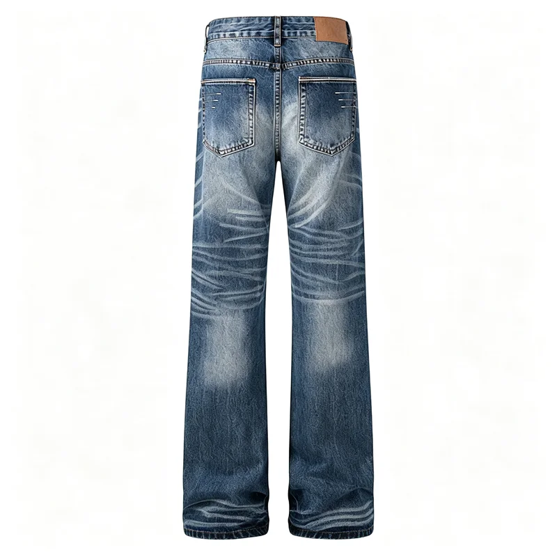 Men Vintage Cat Whisker Washed Flare Straight Leg Jeans High Waist Distressed Faded Loose Wide Leg Y2K Streetwear Denim Trousers