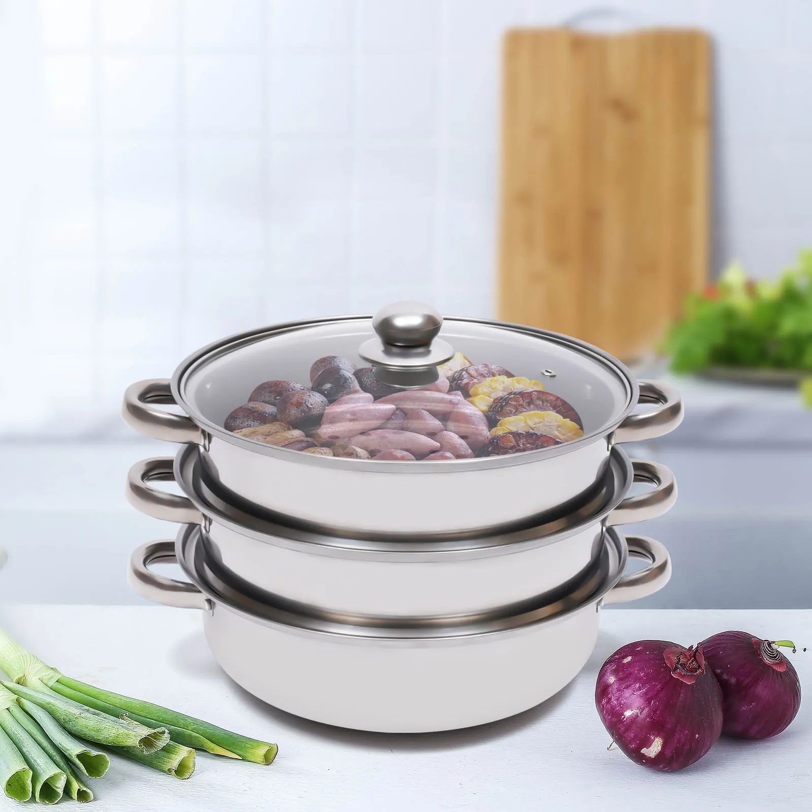 

3 Tier 28cm Stainless Steel Steamer Cooker Steam Set Kitchen Cookware Hot Pot Two-layer Steamer W/ Glass Lid for Vegetables, etc