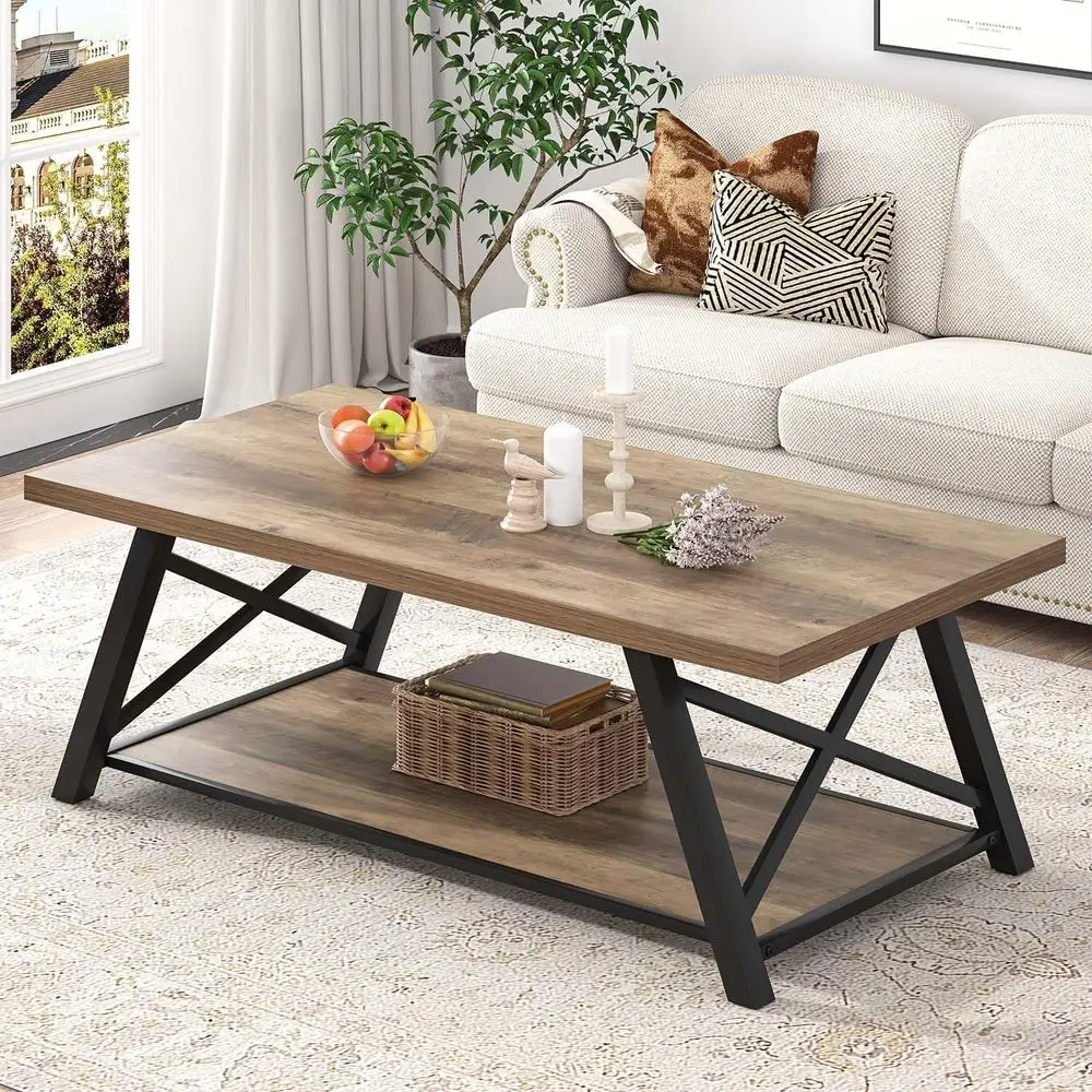 Rustic Oak Industrial-Style Rectangular Coffee Table with Storage Shelf, 47 for Living Room