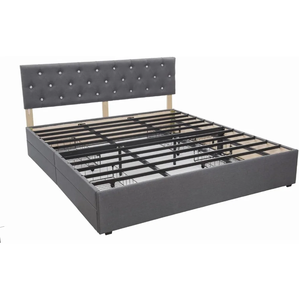 سرير بنانا كينج بإطار سرير مع لوح رأسي من الكريستال المنجد من القماش و4 أدراج للتخزين، ودعم شرائح معدنية، بالكامل