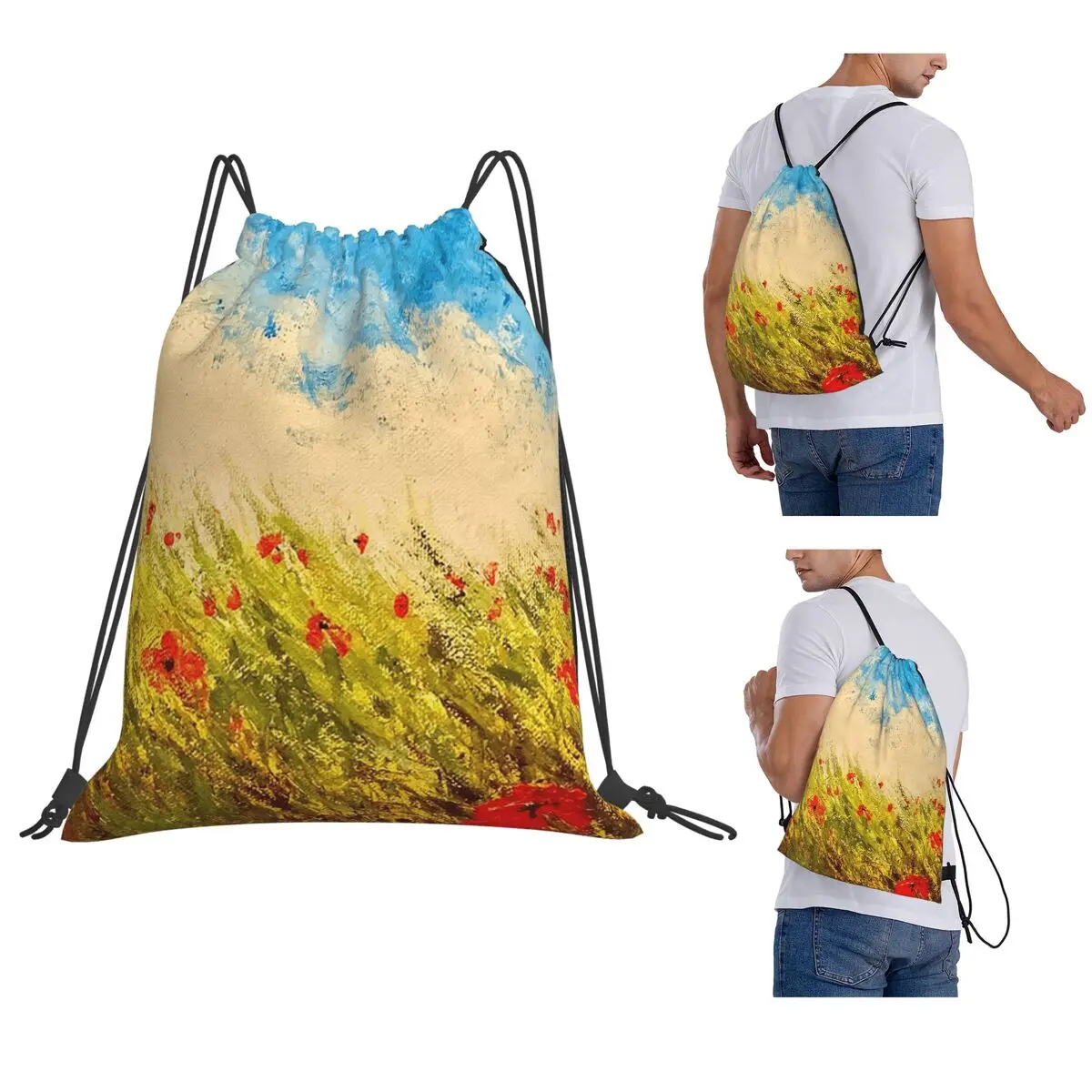

Poppies Backpacks Fashion Drawstring Bundle Pocket Sports Bag Book Bags for Man Woman School