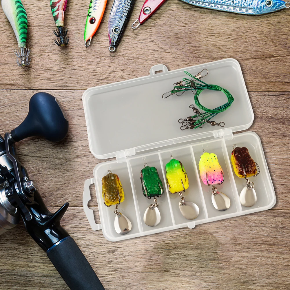 

Набор из 5 мягких рыболовных приманок-лягушек с двойными крючками, искусственная приманка-лягушка для поверхностной ловли, для соленой и пресной воды
