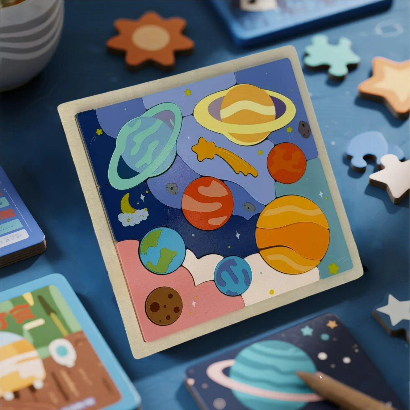 

Wooden Toys New Montessori Eight Planets Puzzle Earth Sun Solar System Planets Planets Cognition Educational Toys Children Gifts