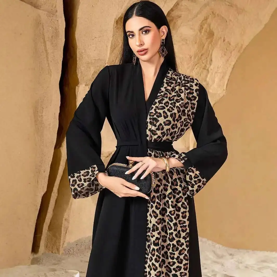 

Ba5146 Leopard Print Color Block Deep v Cardigan Coat with Belt Long Plus Size Women's Dress Ramadan Dubai Luxury Islam Elegant