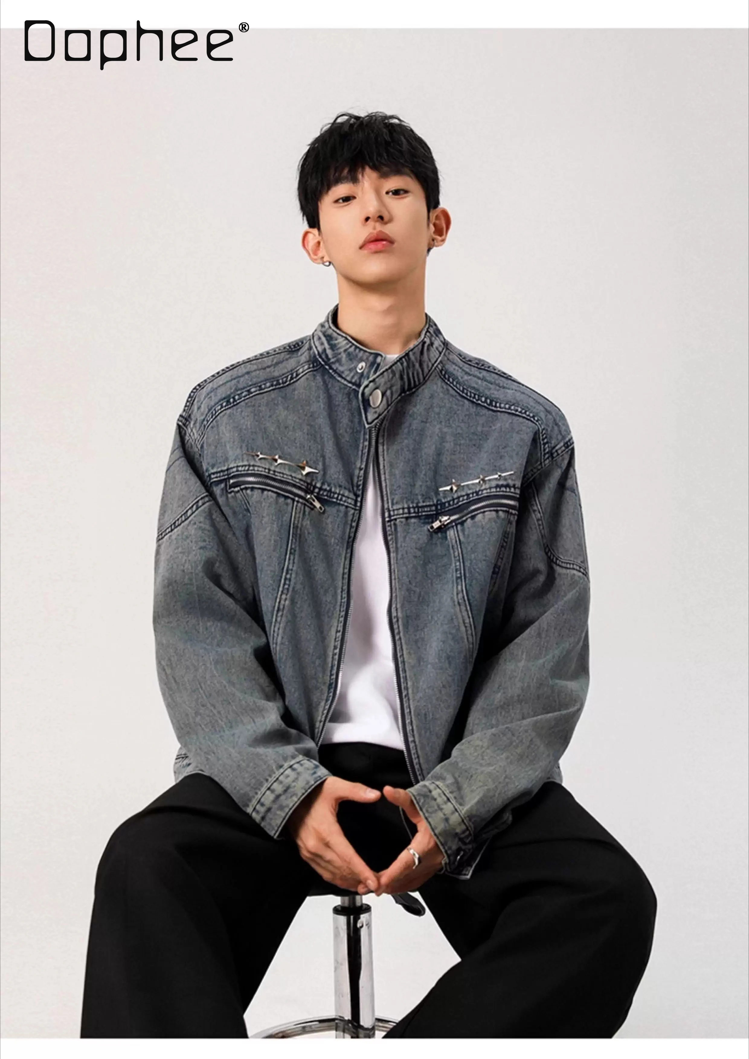 

2025 Spring and Autumn New American Style Padded Shoulder Blue Denim Jacket Washed Stand Collar Vintage Short Jacket