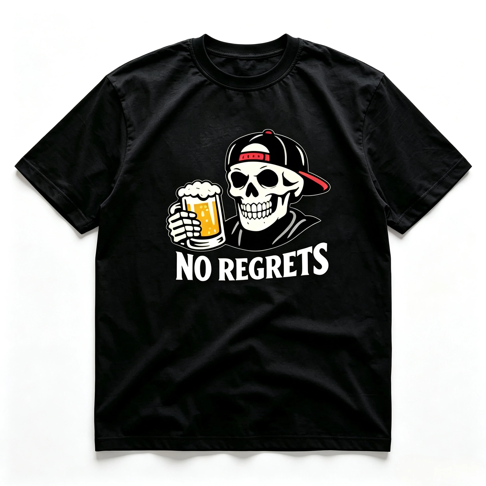 Modal Men T‑Shirt No Regrets Skull Beer Graphic Print Short Sleeve O‑Neck Casual Loose Tee Summer Daily Wear Men's Tops