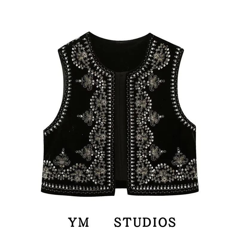 

Весна 2023, женский бархатный жилет с вышивкой без пуговиц, универсальный топ с яркими пайетками, однотонный круглый топ Ne