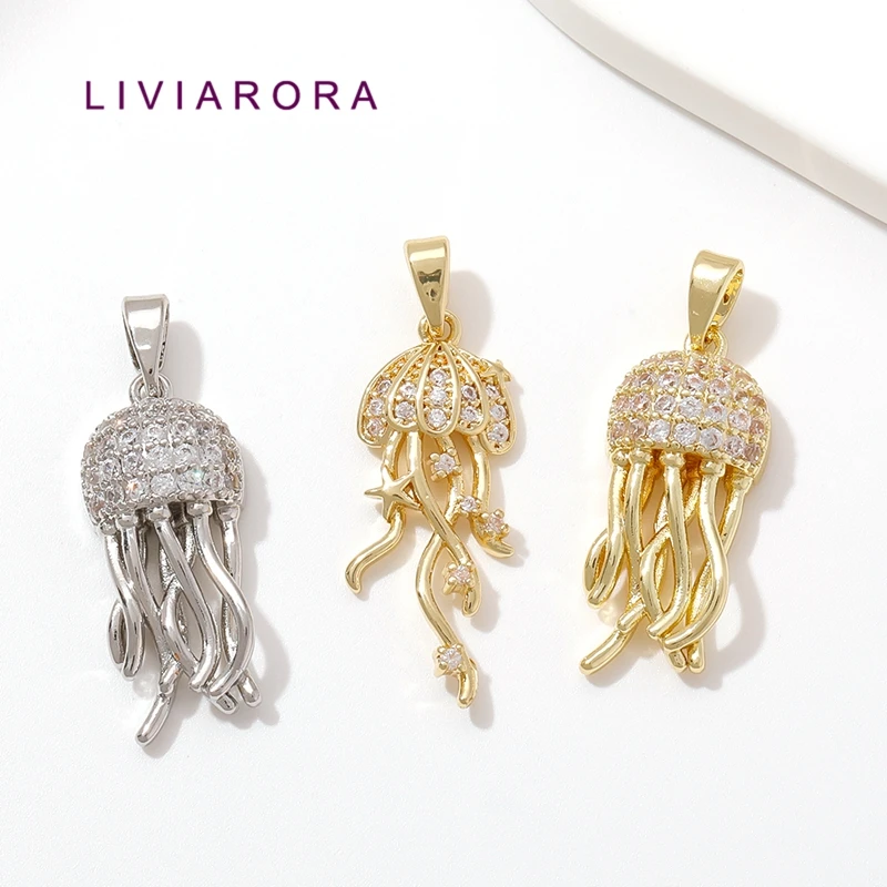 1Pc 18K Gold Plated Brass Jellyfish Starfish Pendant Charms Cubic Zirconia Ocean Sea Animal Tentacle Charms For Jewelry Making