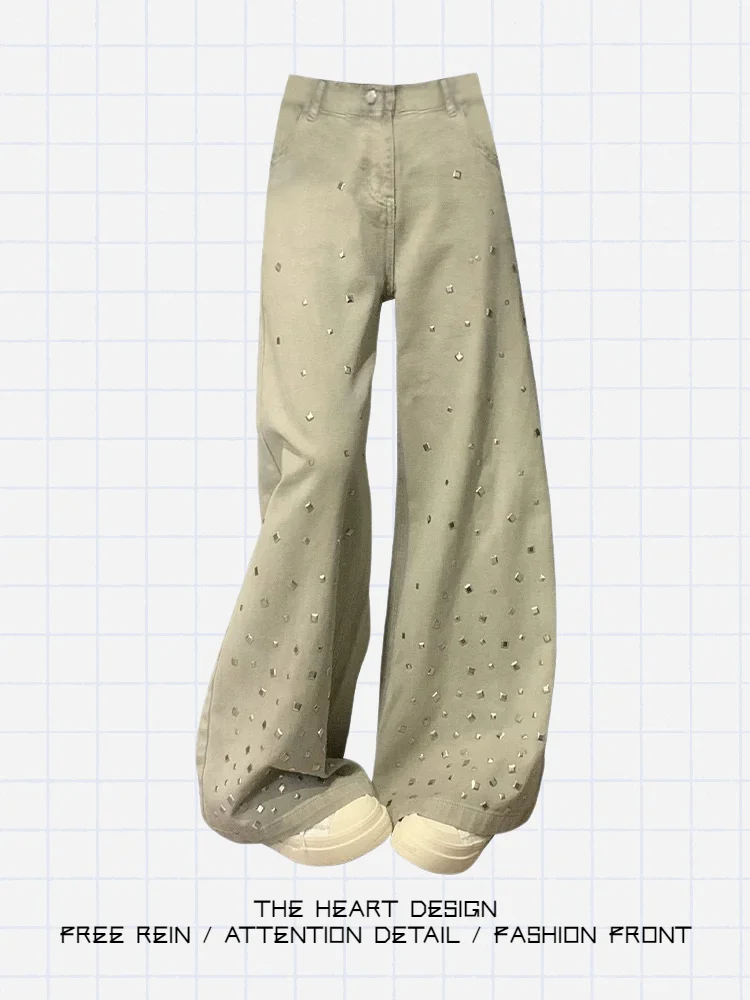 

Американские джинсы прямого кроя с высокой талией и стразами, женские, свободного кроя, с эффектом похудения, широкие брюки