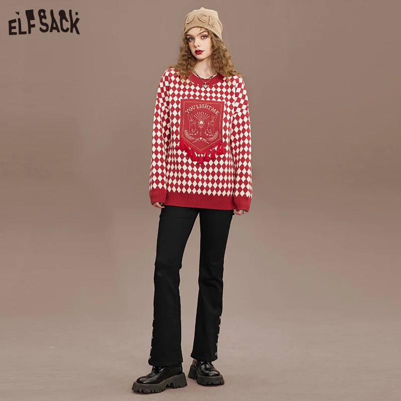 ELFSACK Red Plaid Pullover Sweaters Women 2023 Spring Loose Basic Daily Tops