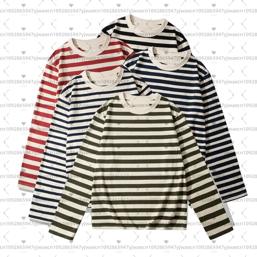 Camisetas de Moletom Listradas de Manga Longa para Casais (Masculino e Feminino) - Coleção Primavera 2026 - Gola Redonda Clássica - Pulôver Masculino