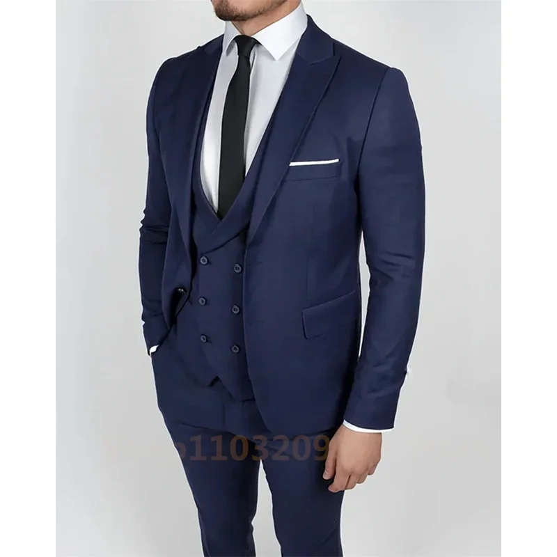 3 Pieces Navy Blue 2024 Men Suits Slim Fit  Best Men Wear Wedding Business Groom Tuxedos Blazer+Vest+Pants Costume Homme