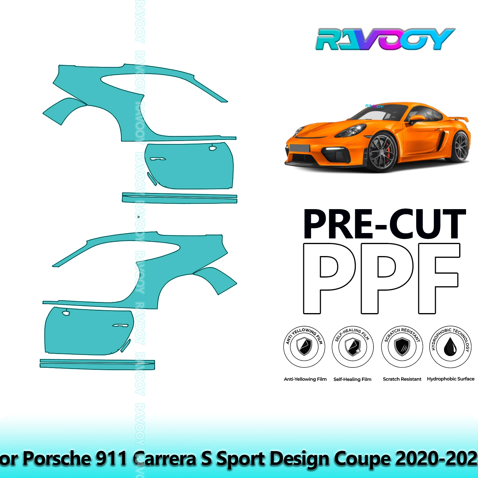 

For Porsche 911 Carrera S Sport Design Coupe 2020-2024 8.5mil Pre-Cut PPF Door & A/B Pillar Kit TPU Paint Protection Film Set