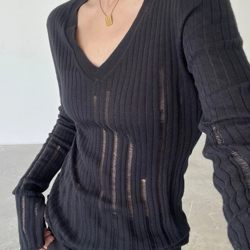 

Spring New Knitted Sweater for Women, Thin Cut, Perforated, Versatile, Lazy Style, Sun Protection Cover, Long Sleeved Inner Top