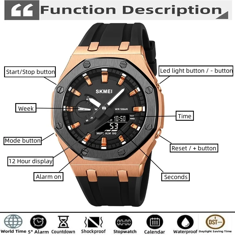 Skmei 5 Alarm Clock Male Sports Watches Analog Digital Display LED Waterproof World Time Fashion Quartz Calendar Stop Watch
