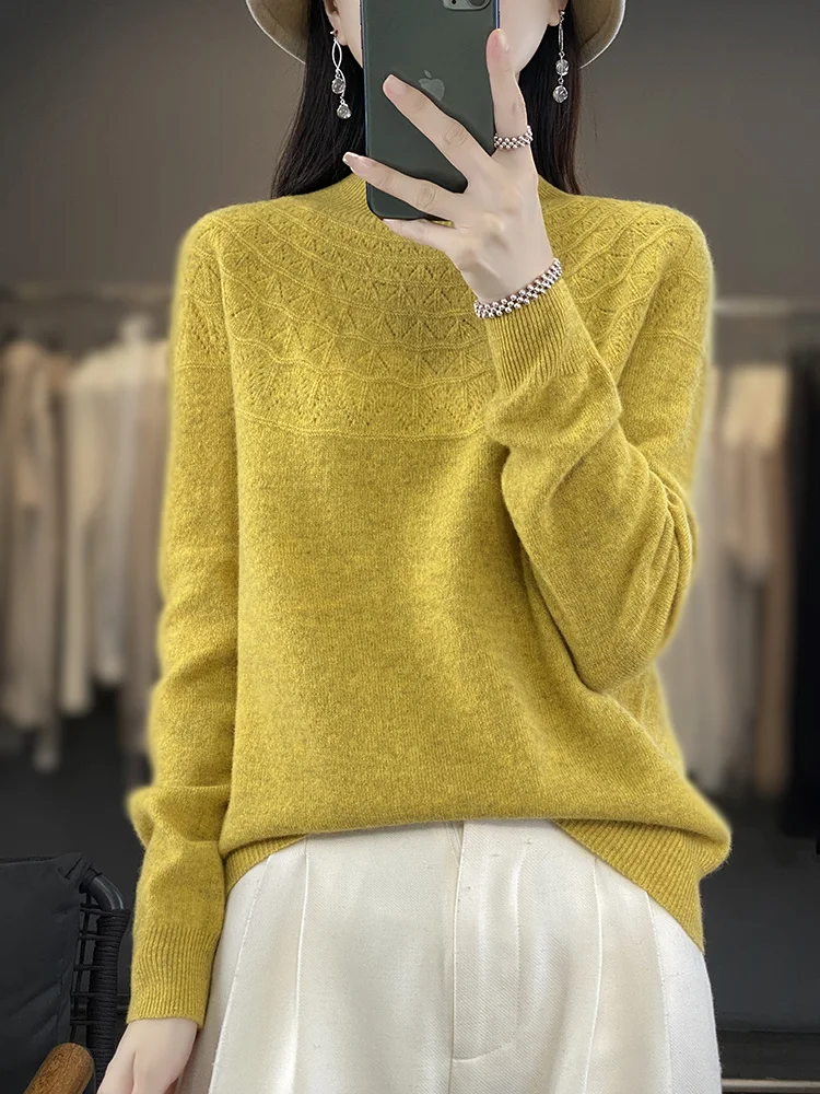 Women Cashmere Sweater 100% Merino Wool Knitted Pullover  Autumn Winter  Mock Neck Hollow  Solid Color Knitwear Soft Casual Top