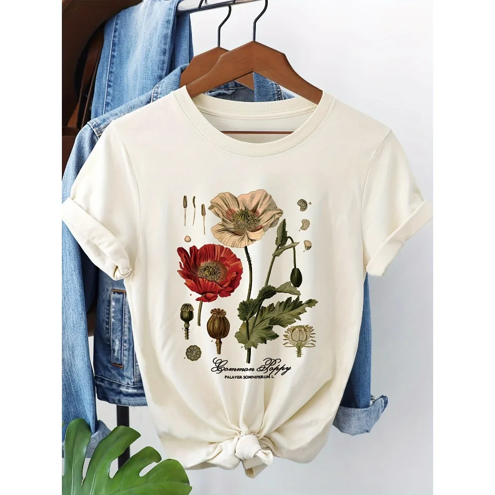T-shirt à manches courtes et col rond avec imprimé de fleurs de pavot, design minimaliste, frais et élégant, aux couleurs vives, tendance décontractée