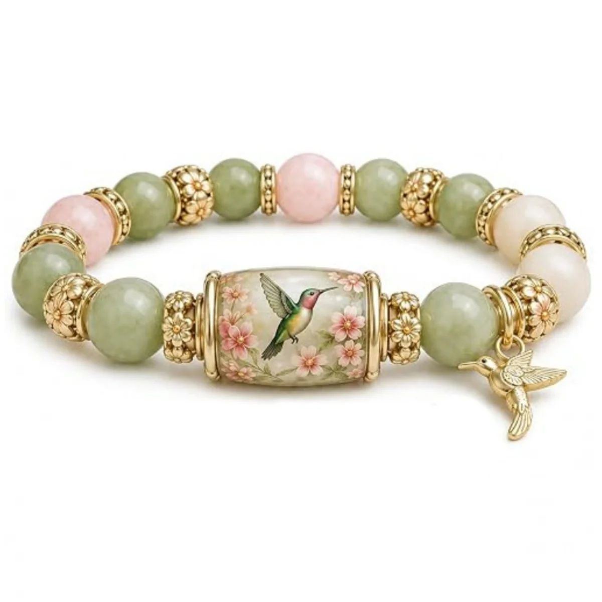 Zarte Armbänder im Frühlingsgarten-Stil mit Glasperlen für Damen und Herren, mit Charm-Anhängern wie Kolibri, Sonnenblume, Biene und Ochsenkopf, Heilschmuck. – Detail 28