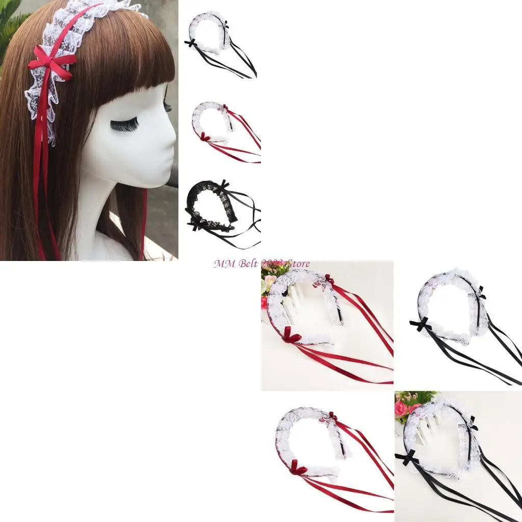 

49ME Lace Headband Maid Ruffled Headdress Ornaments Ribbon Bowknot Hair Hoop