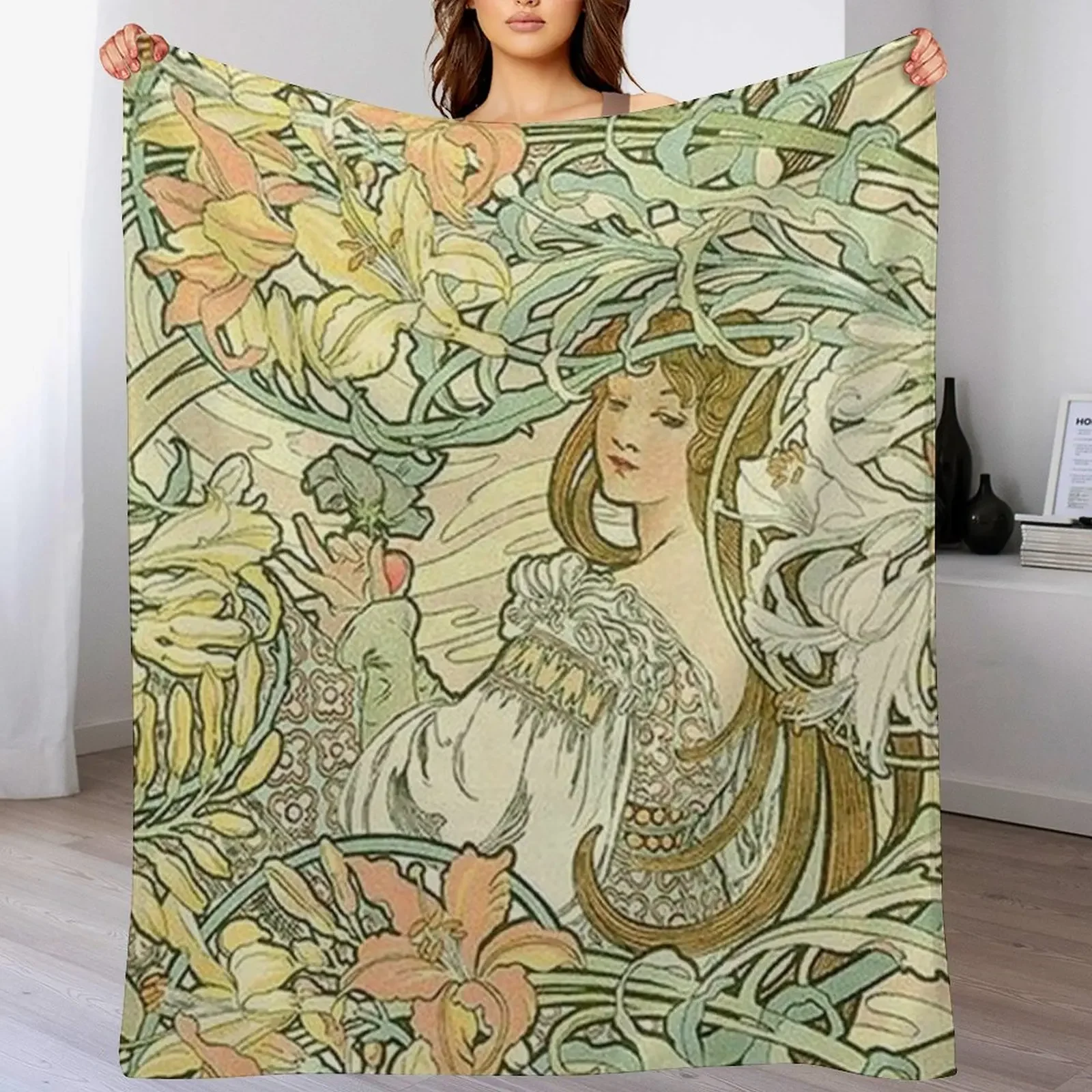 Language of Flowers -Alphonse Mucha Throw Blanket Spring Fall Cozy Throw Blanket for Couch