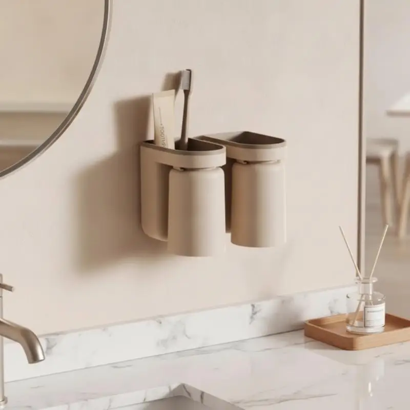 Light Luxury Couple Wall Mounted Toothbrush Cup Storage Rack Innovative Mouthwash Cup Holder Organizer For Vanity Storage Decor