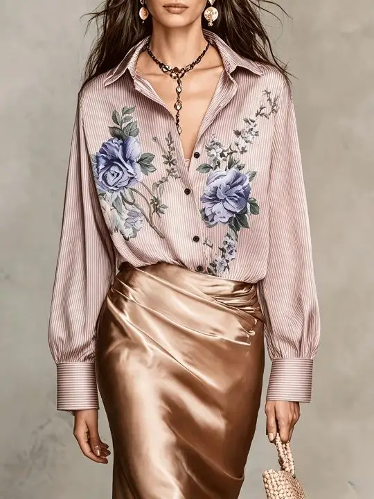 Women Vertical Stripe Floral Rose Print Lapel Collar Long Sleeve Shirt Loose Button Down Office Casual Blouse Tops