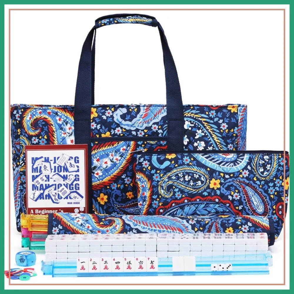 

166 Premium White Tiles American Mahjong Set with Navy Carrying Bag, 4 Racks/Pushers, Complete Travel Game