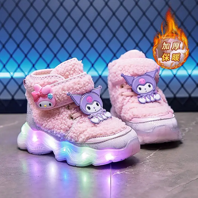 Sanrios Girl Cotton Shoes Winter Kuromi Anime New Leisure Kawaii Cartoon Anti-Slip Velvet Keep Warm Luminous Shoes Child Shoe