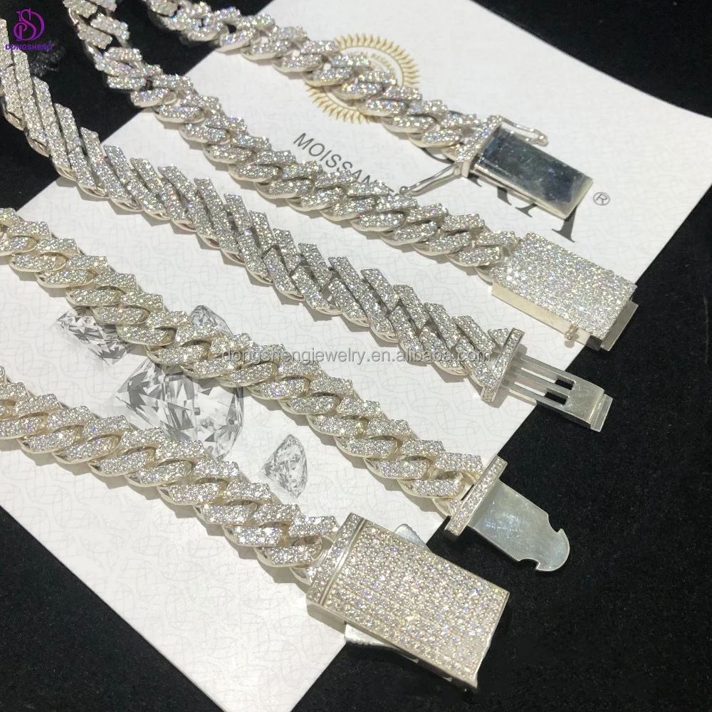 Pass Diamond Tester Vvs Moissanite Diamond Cuban Link 10mm Hip Hop Necklace Men 925 Jewelry Custom Cuban Link Chain Silver 1pcs