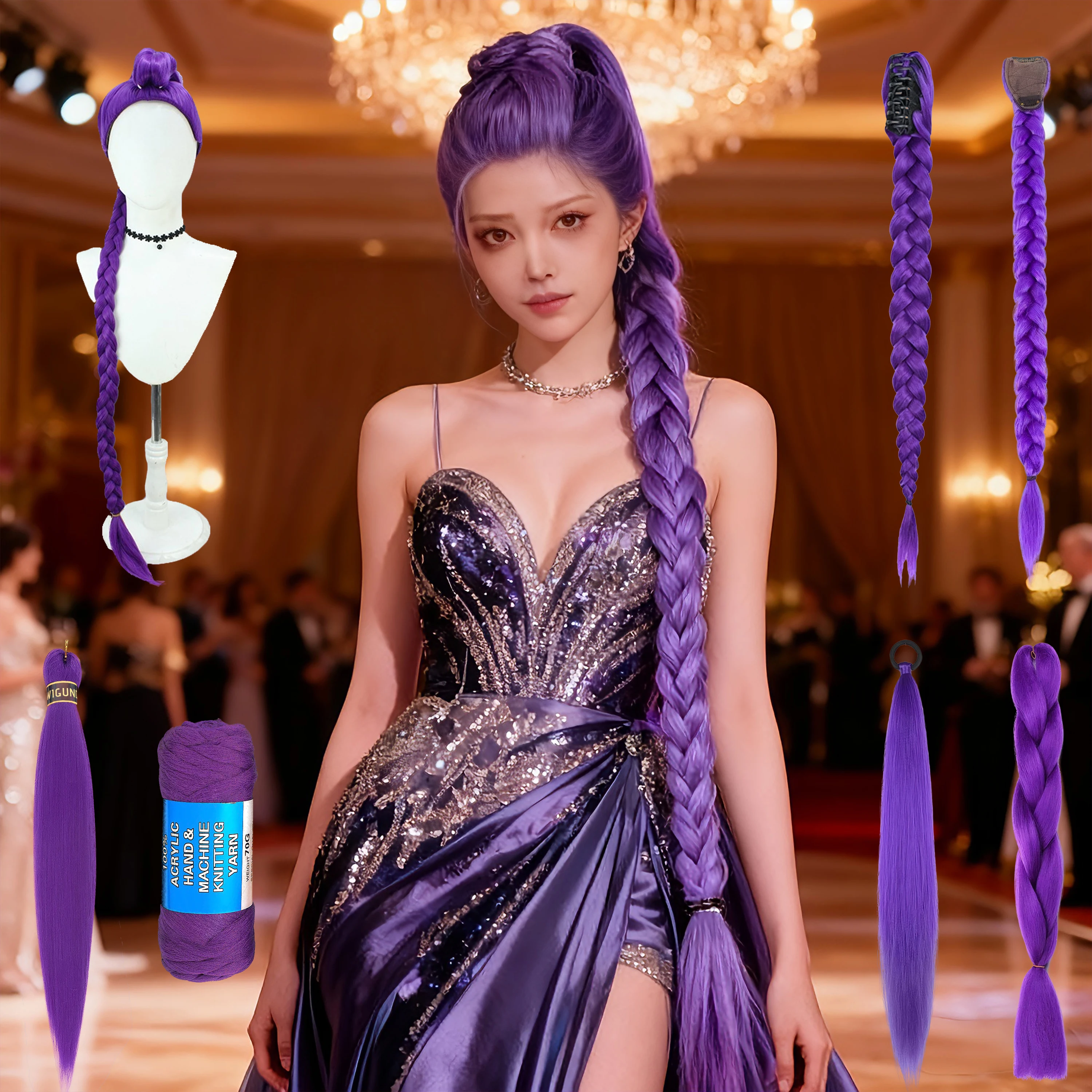 

26-дюймовые фиолетовые плетеные волосы для наращивания хвоста для детей, длинные фиолетовые косы для косплея для рождественской вечеринки, фиолетовый парик для волос