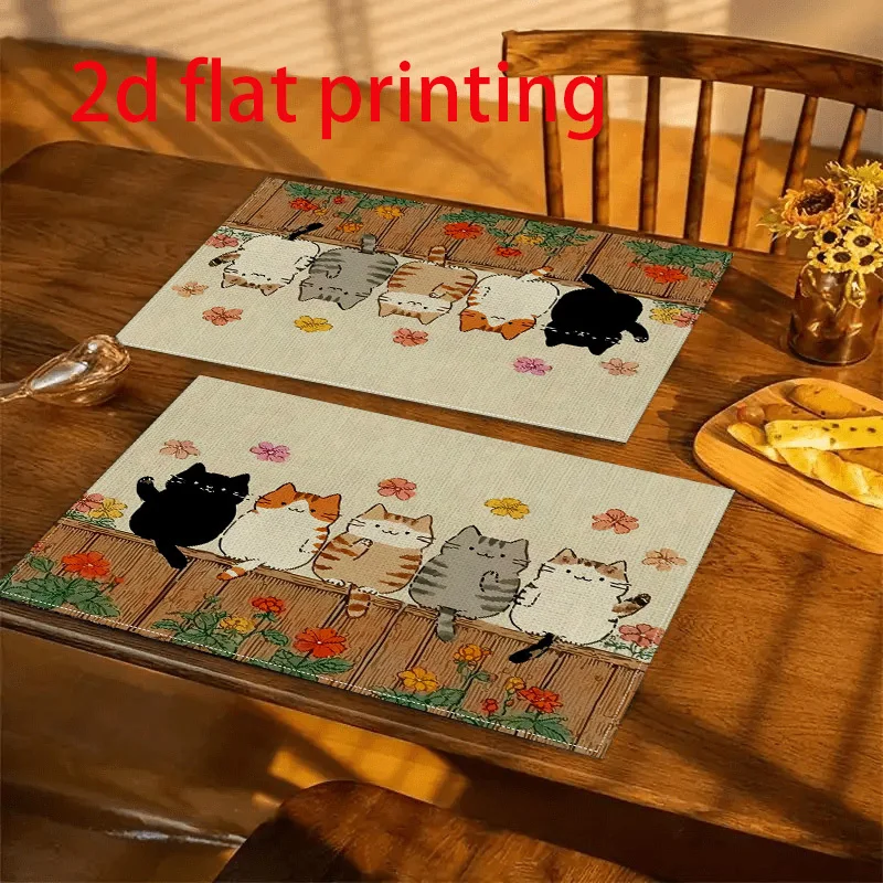 2pc D Flat Five Cats In Frame Cute FullPrint PlacematsDurable Polyester Fabric Machine WashableSuitable For KitchenDining RoomOu