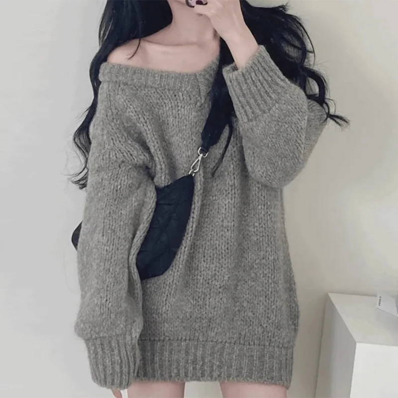 

Шикарный осенне-зимний длинный светер с v-образным вырезом, свободный вязаный свитер средней длины, повседневный женский модный удобный однотонный топ