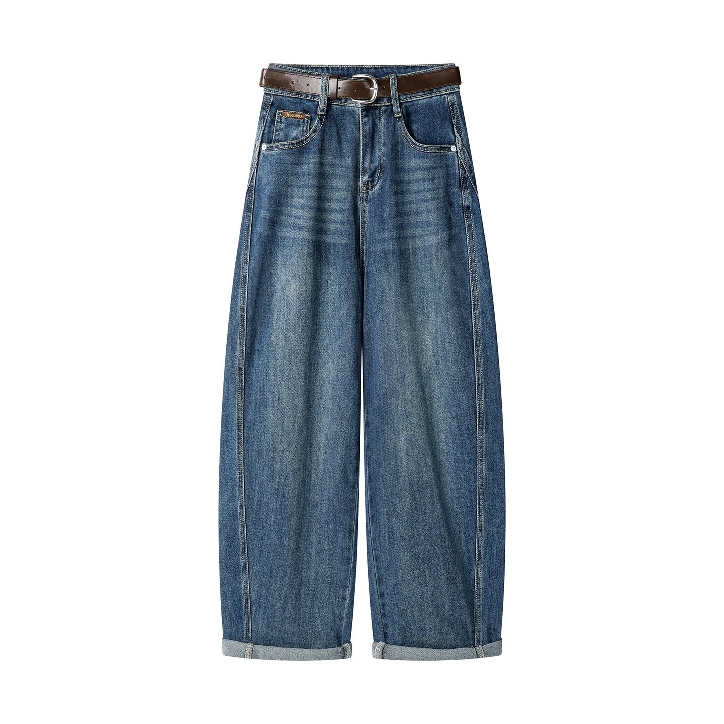 

High Quality Retro Blue Casual Wide Leg Jeans for Women Spring Autumn Denim Long Pants Versatile Trousers With Belt