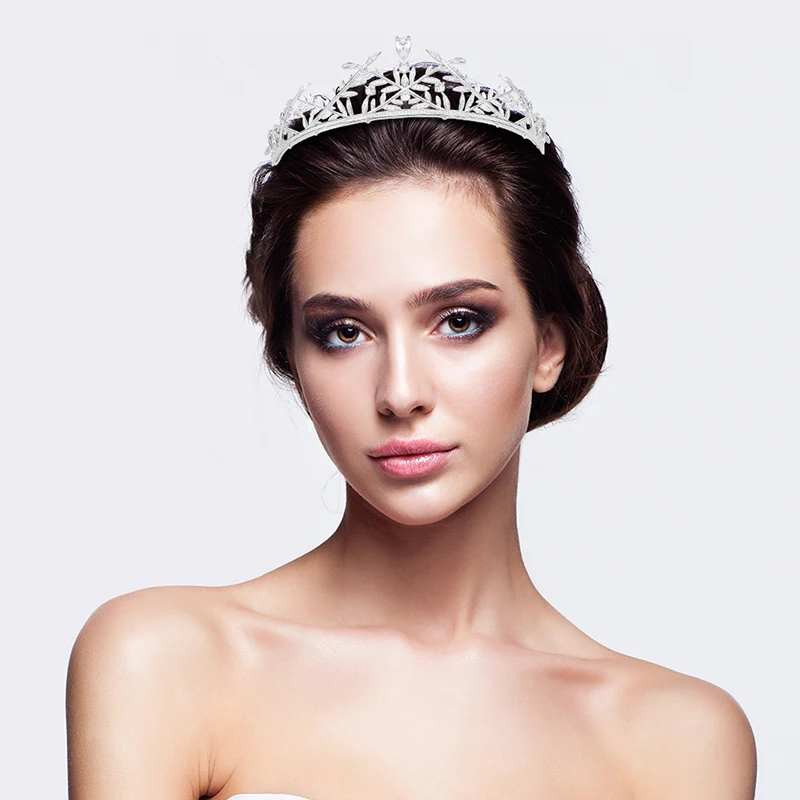 Jade Angel Sparkling Bride Crown Wedding Tiaras Inlay Cubic Zirconia Hollowed-out Leave Shaped Silver Plated Crowns Hairband