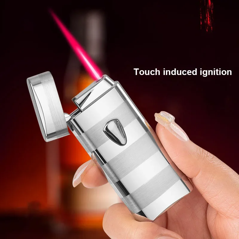 

New Ultra-thin Stripe Induction Ignition Lighter Metal Butane Gas Refilled Windproof Torch Lighter Red Flame