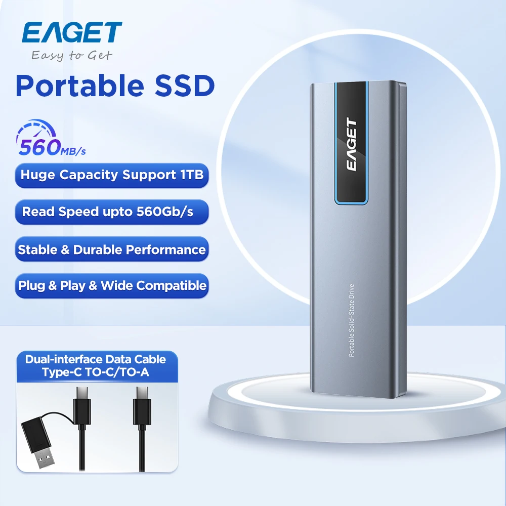Eaget NVMe External SSD 1TB 2TB Hard Drive 5gbps 10gbps Type C USB 3.2 RGB Portable Hd Solid State Disk for Laptops PC Mac