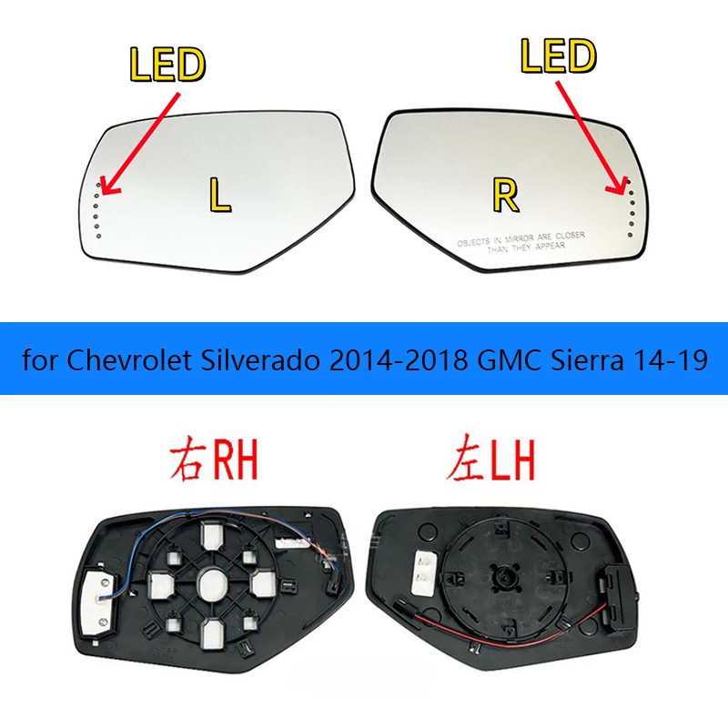 Car Left/Right Side Heated Mirror Glass for Chevrolet Silverado GMC Sierra 14-19 Rearview Mirror Reflector LED Lenses