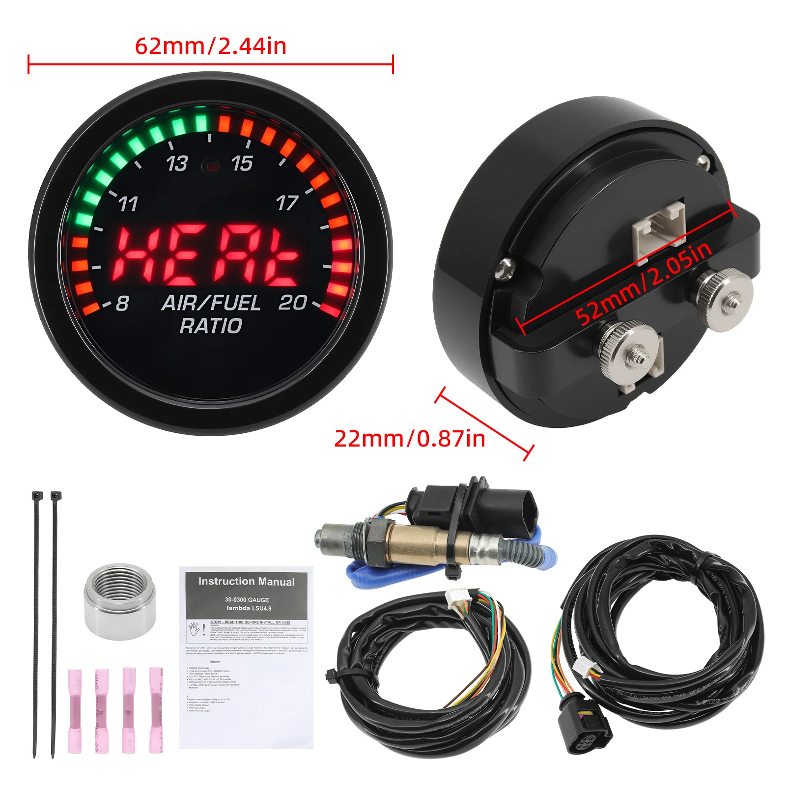 52mm Car Auto Air Fuel Ratio Gauge 8-20 With Wideband O2 Oxygen Sensor Car AFR Gauge Fit for 12V Stepper Motor OE 0258017025
