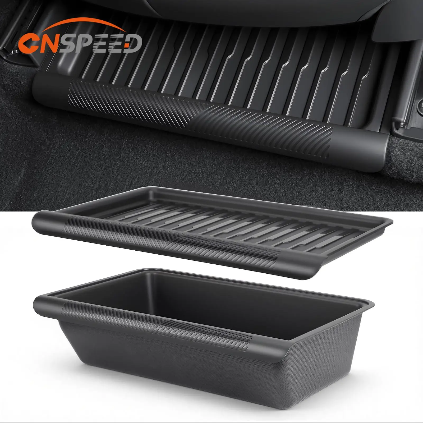 CNSPEED Scatola portaoggetti sotto il sedile TPE Vassoio organizer nascosto Scatola spaziale con coperchio per Tesla Model Y 2020 2021-2024 Juniper 2025-2026