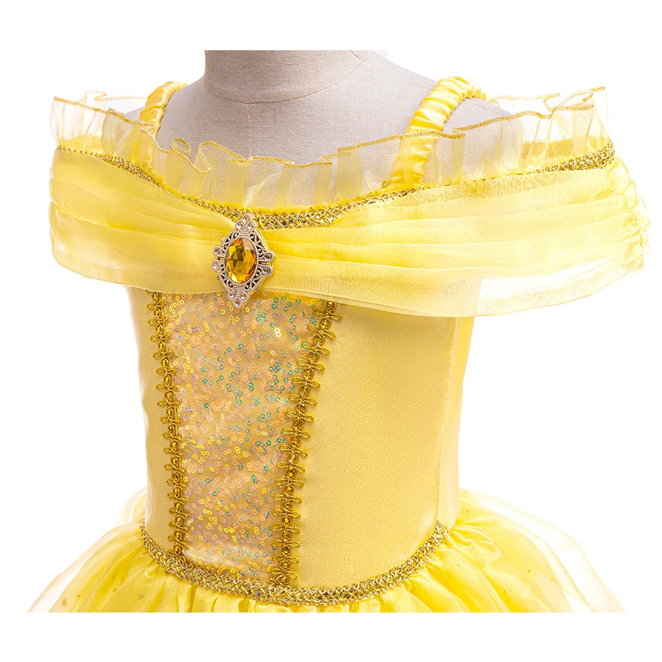 Princess Belle Puffy Dress Disney Beauty and The Beast Costume Girl Summer Dress Kids Elegant Vestidos Carnival Princess Outfits