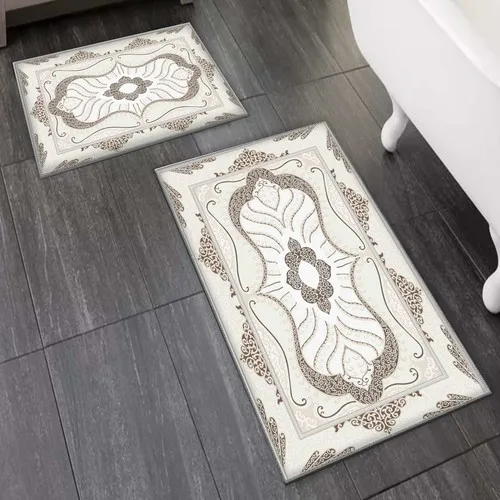 Else Carpet Else Coffee Vintage Retro Damask 2'li Toilet Seat Pad Bath Mat Set Mat