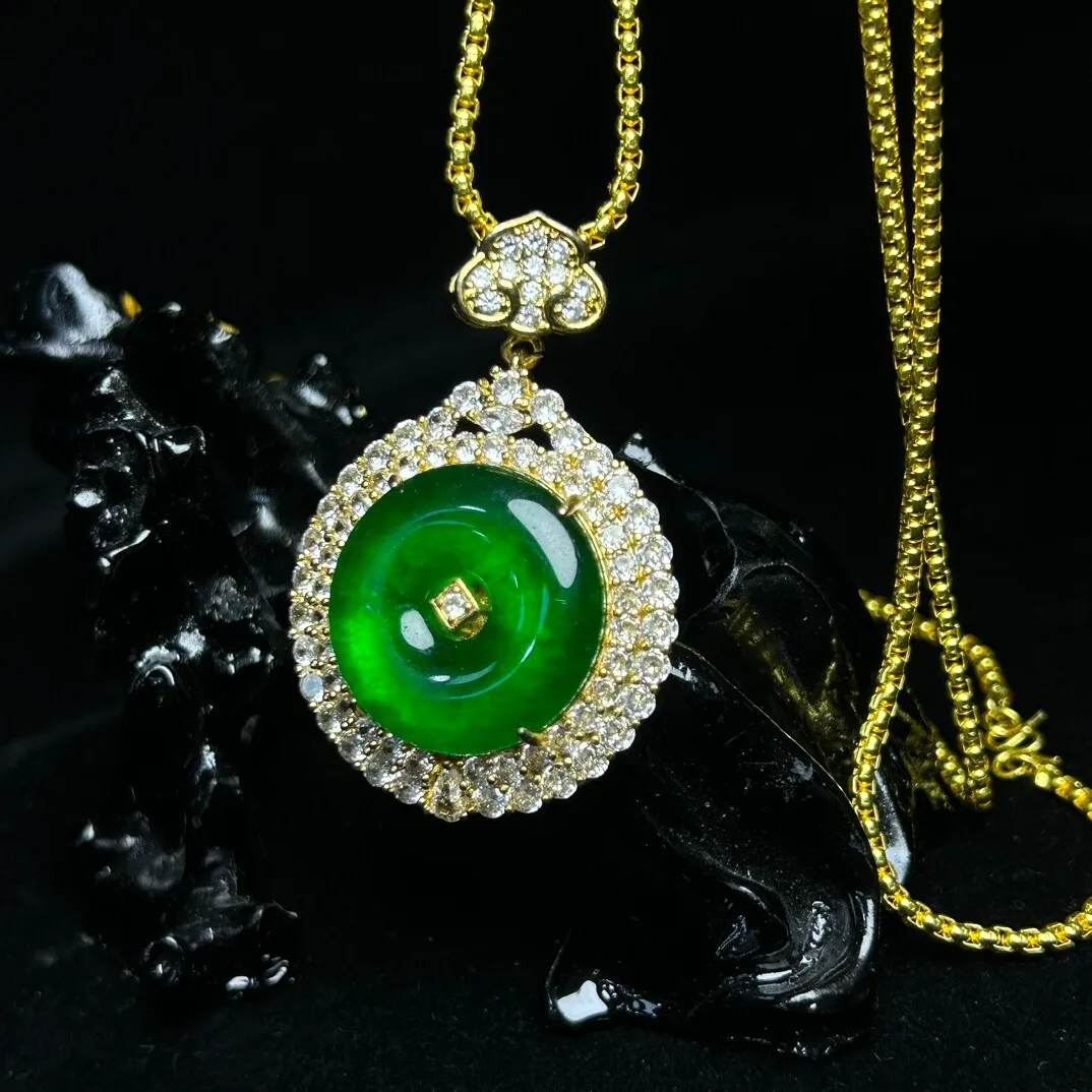 Real Natural High Ice Green Jade Jadeite amulet Pendant&Necklaces Peace Donut