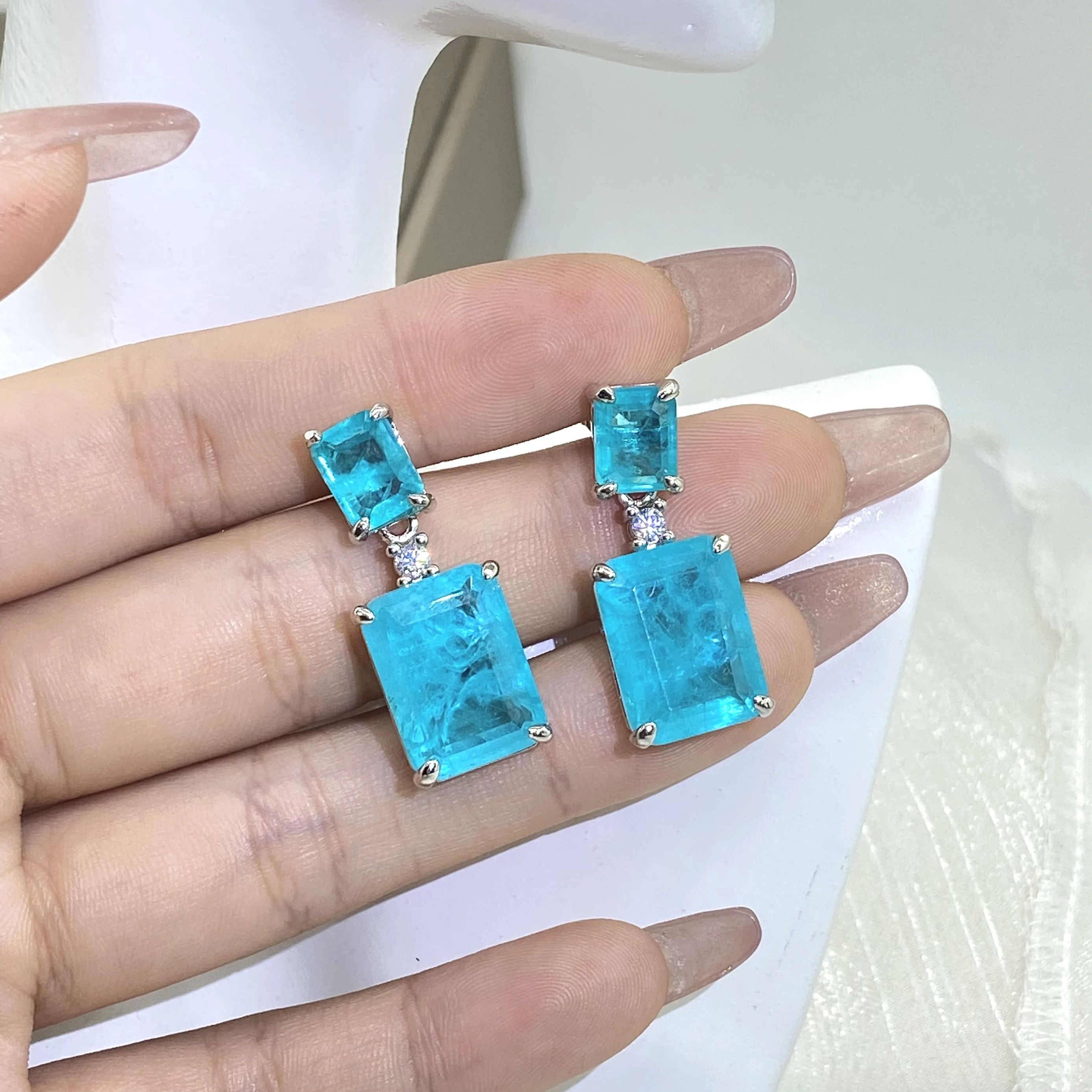 

Trendy Paraiba Sapphire Princess Rectangle Full Diamond Stud Earrings For Women Geometric Zirconia Valentine's Day Gift Jewelry