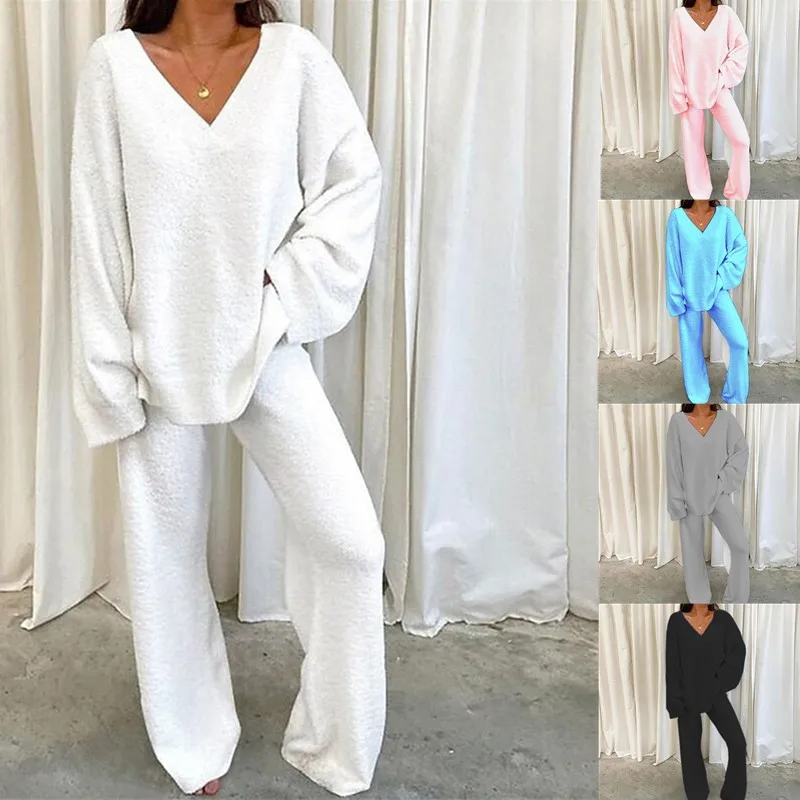 Women Winter Comfort Solid Pajamas Set V-Neck Casual Daily Home Warm Top+Long Pants Two Piece Set Warm Sleepwear Pijama S-3XL