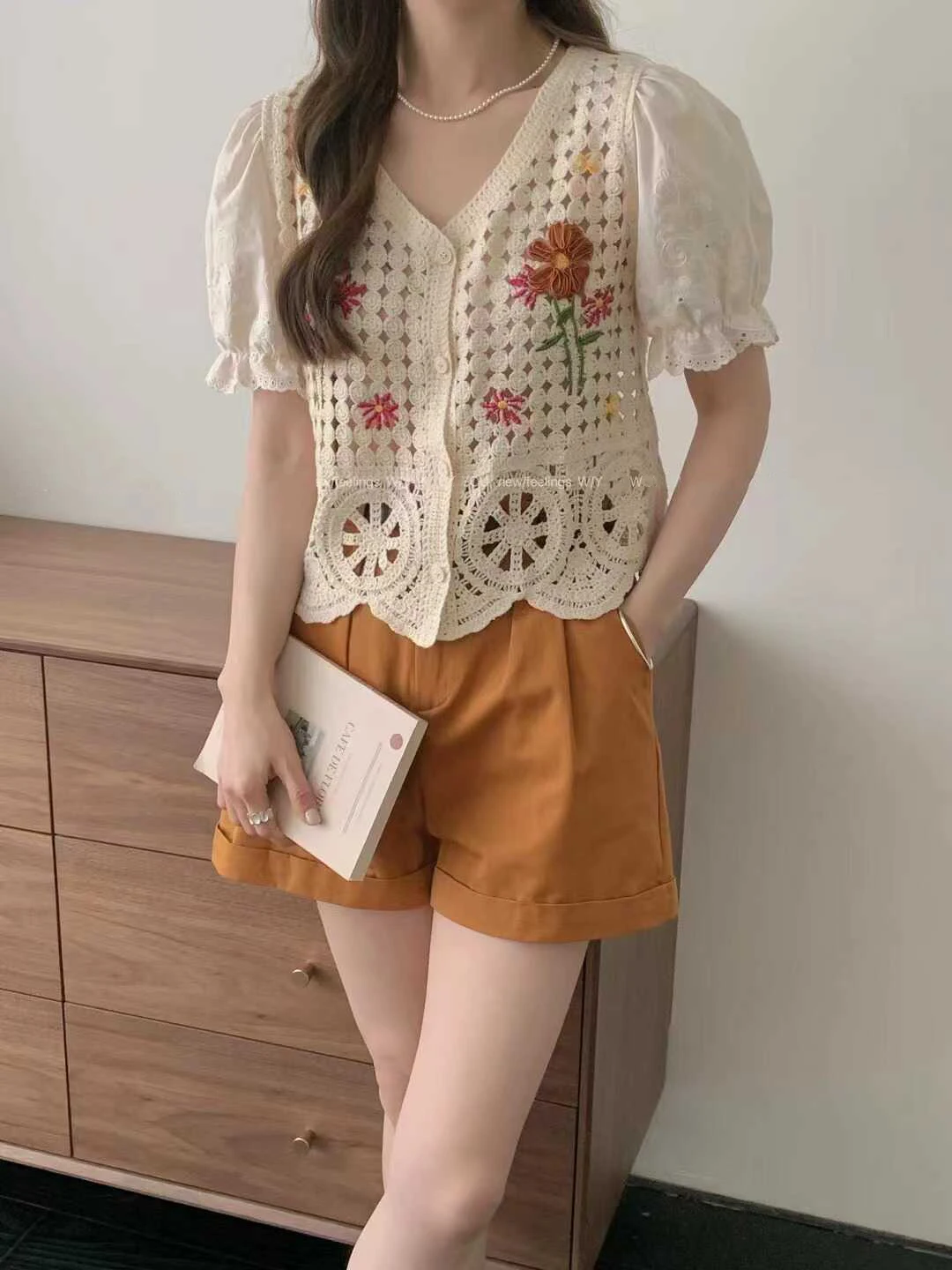 Crochet Knit Top Women Half Sleeve V-Neck Button Down Embroidery Floral Blouse Cardigan Summer Fairycore Cottagecore Outfit