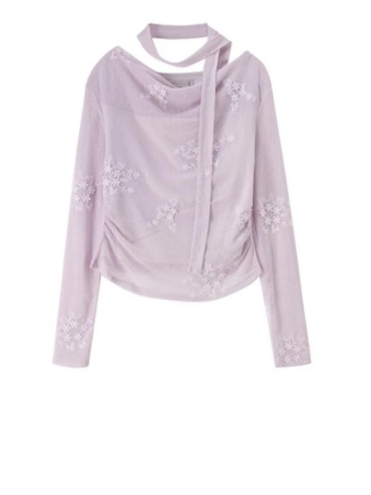 SENTUBILA élégant banlieue dentelle chemises femmes automne 2025 ruban amovible 3D fleurs broderie à manches longues haut 153CF2642